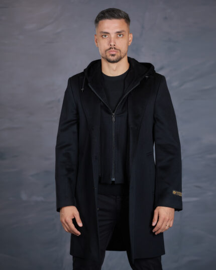 Palton negru pentru barbati din lana si casmir Loro Piana cu gluga detasabila