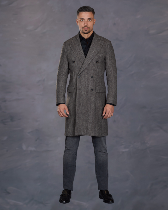 Palton Double Breasted pentru barbati din lana herringbone inspirat din serialul Peaky Blinders