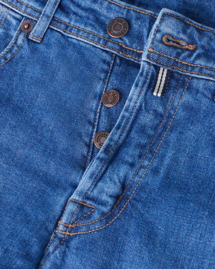 Jeans albastri clasici pentru barbati din denim Candiani cu nasturi metalici din bronz si ardilion