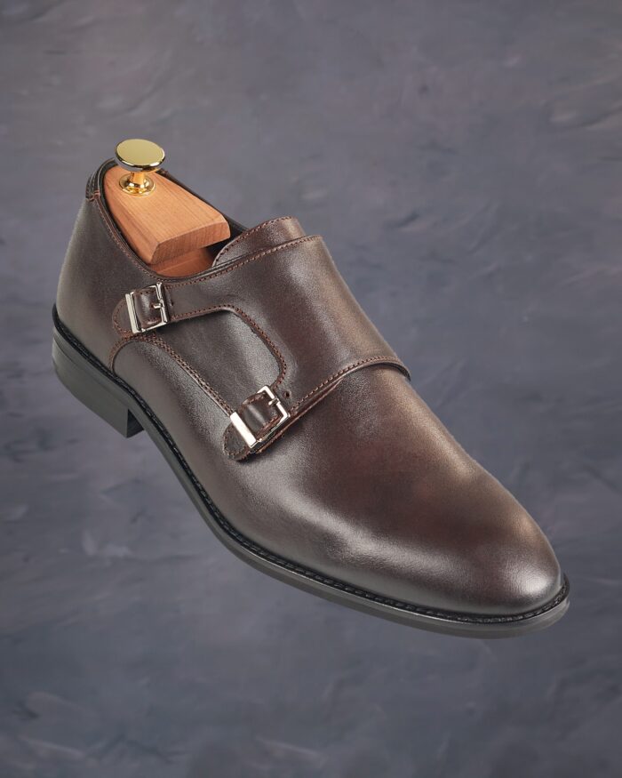 Pantofi din piele maro pentru barbati model double monk cu catarama dubla