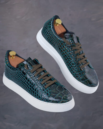 Pantofi Sport Sneakers Luxury Casual din piele verde cu print crocodil pentru barbati