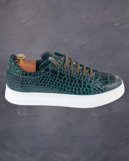 Pantofi Sport Sneakers din piele verde pentru barbati cu print crocodil