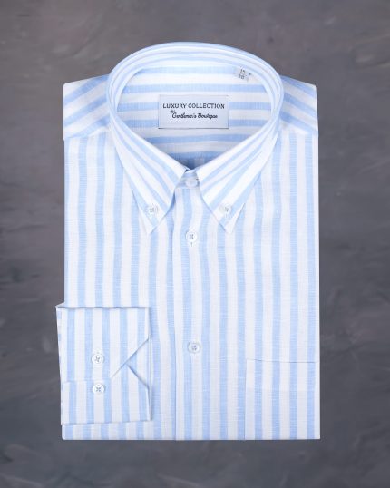 Camasa din in pentru barbati alba cu dungi bleu din colectia de camasi de in pentru barbati de la Gentlemen's Boutique