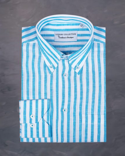 Camasa alba din in cu dungi turcoaz pentru barbati din colectia de camasi de in pentru barbati de la Gentlemen's Boutique