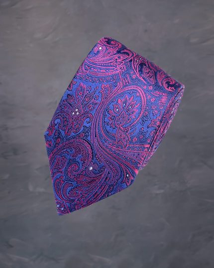 Cravata Barbati Din matase albastra cu imprimeu paisley roz