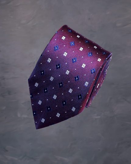 Cravata pentru barbati din matase bordeaux cu imprimeu in tonuri de alb și bleumarin