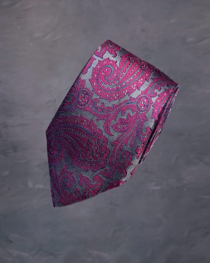 Cravata Barbati din matase maro paisley cu imprimeu fuchsia