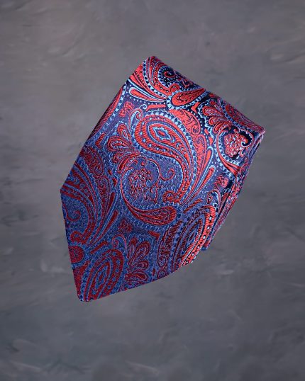 Cravata Barbati din matase rosie cu imprimeu paisley albastru