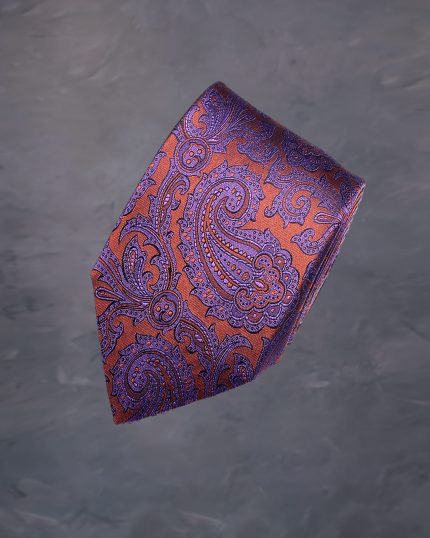 Cravata Barbati din matase orange cu imprimeu paisley mov